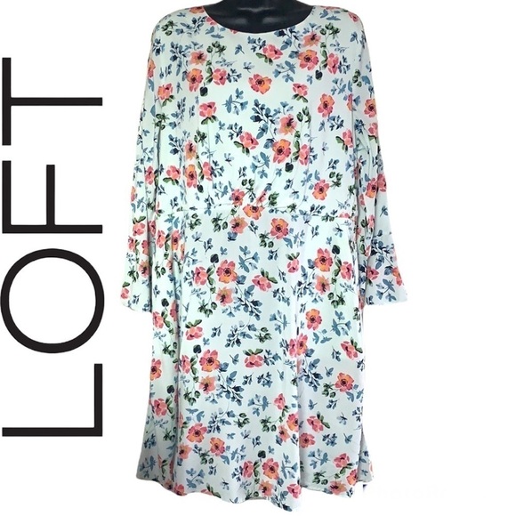 LOFT Floral Tunic Tie Back Bell Sleeve Boho Style Mini Dress Size 14 - Picture 4 of 16